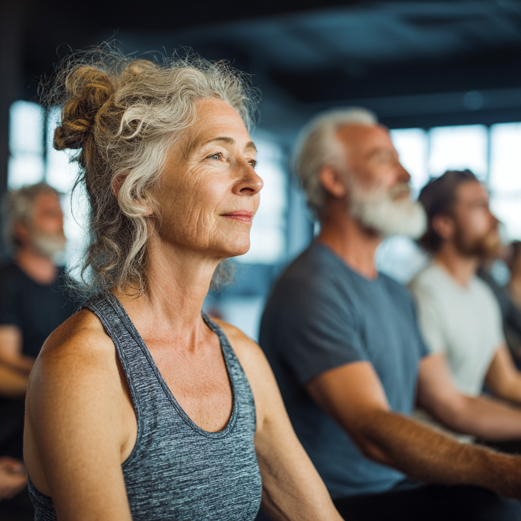 mature adults in group yoga session showing mindfulness and concentration