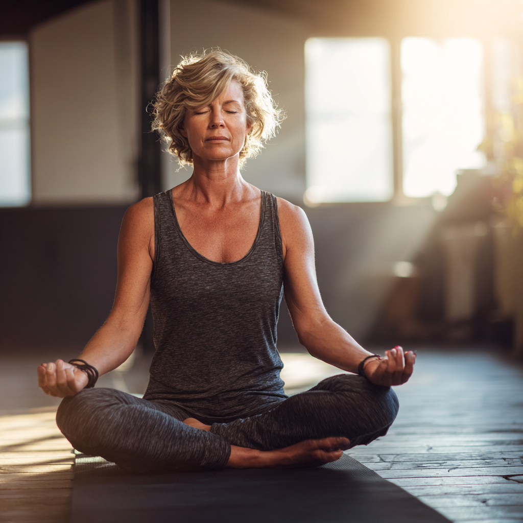 middle aged woman practicing yoga in peaceful studio environment
